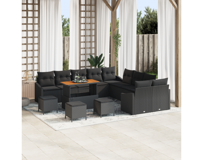 Sonata H 14 частов градински диван с възглавници Черен Поли ратан Акация