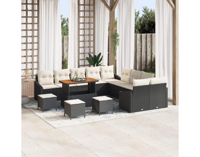 Sonata H 14 Членен Градински Диван Комплект с Възглавници Черен Полиратан Акация