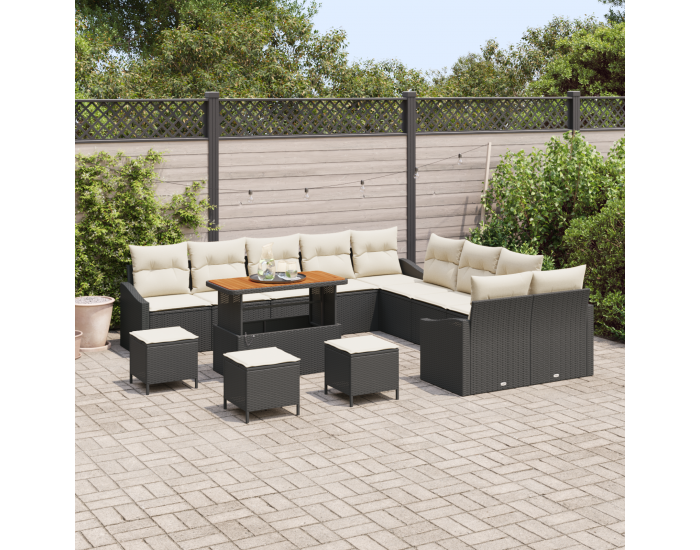 Sonata H 14 Членен Градински Диван Комплект с Възглавници Черен Полиратан Акация