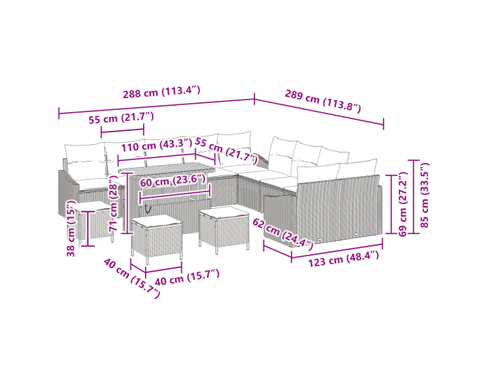 Sonata H 14 Членен Градински Диван Комплект с Възглавници Черен Полиратан Акация