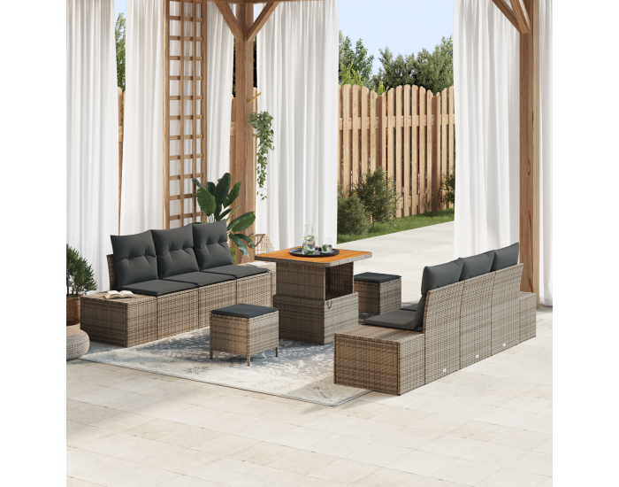 9 Часов комплект градински диван с възглавници сив полиратан акация