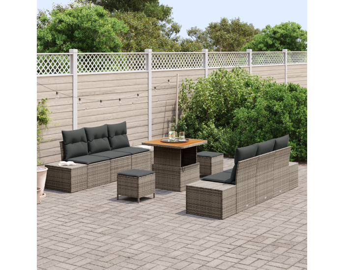 9 Часов комплект градински диван с възглавници сив полиратан акация