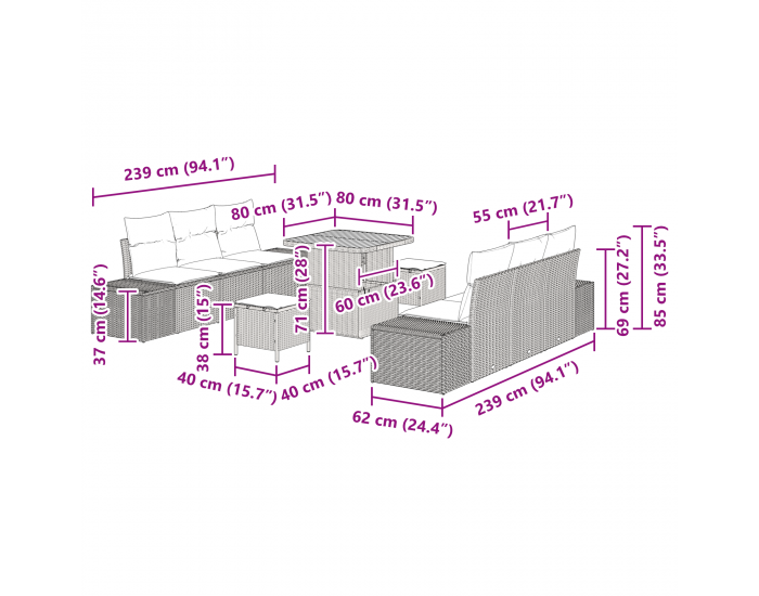 9 Часов комплект градински диван с възглавници сив полиратан акация
