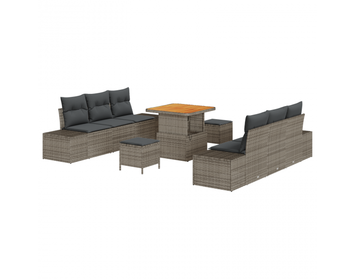 9 Часов комплект градински диван с възглавници сив полиратан акация