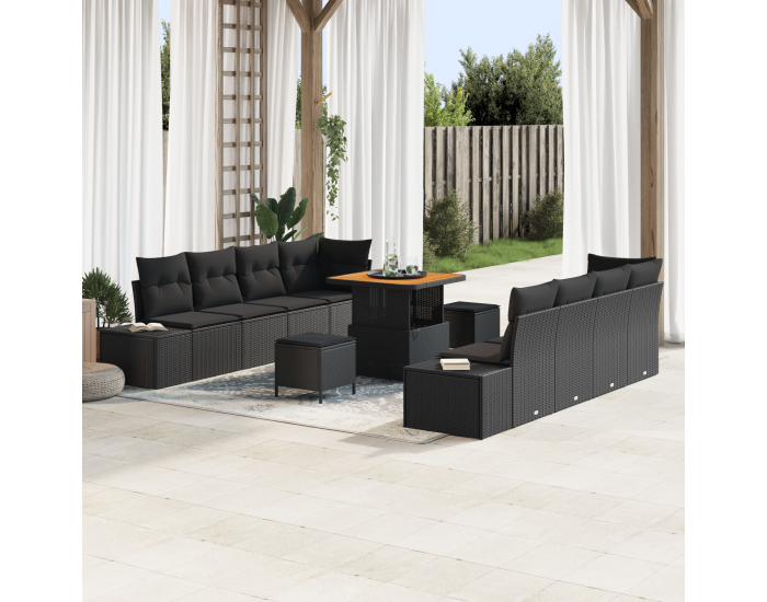 Sonata H 11 парчета градински диван комплект с възглавници черен полиратан акация