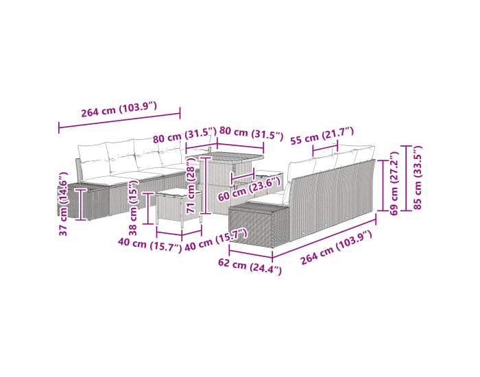 Sonata H 11 парчета градински диван комплект с възглавници черен полиратан акация