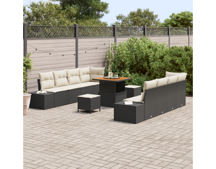 Sonata H 11 Часов Градински Диван с Възглавници Черен Полирата