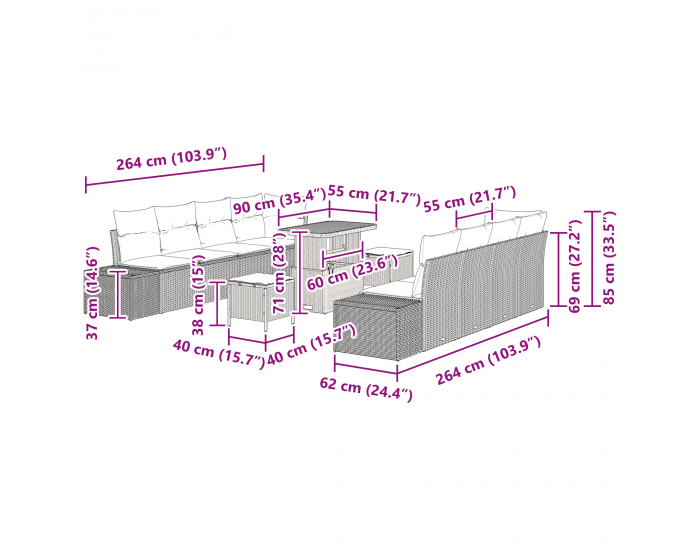Sonata H 11 частен комплект градински софи с възглавници Сив Полиратан Акация