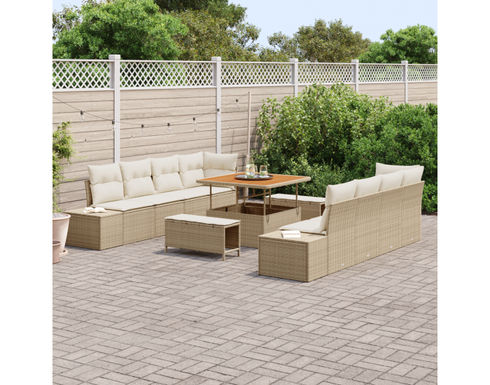 Sonata H 11-членен комплект градинска софа с възглавници, бежов полиратан и акация
