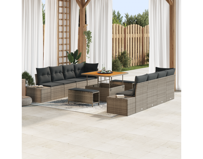 Sonata H 11-частен комплект градински дивани с възглавници в сиво Полиратан Акация