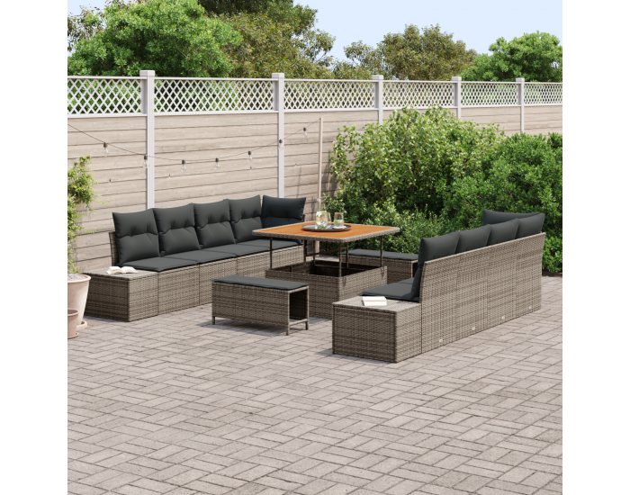 Sonata H 11-частен комплект градински дивани с възглавници в сиво Полиратан Акация