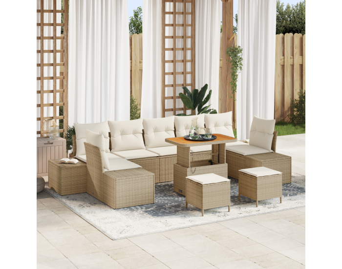 Сет от 10 части за градински диван с възглавници Бежово Полиестерен Ратан Акация