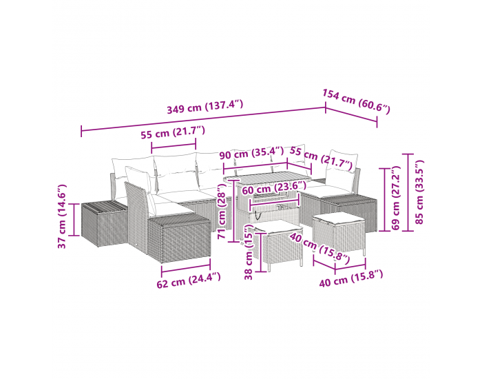 Сет от 10 части за градински диван с възглавници Бежово Полиестерен Ратан Акация