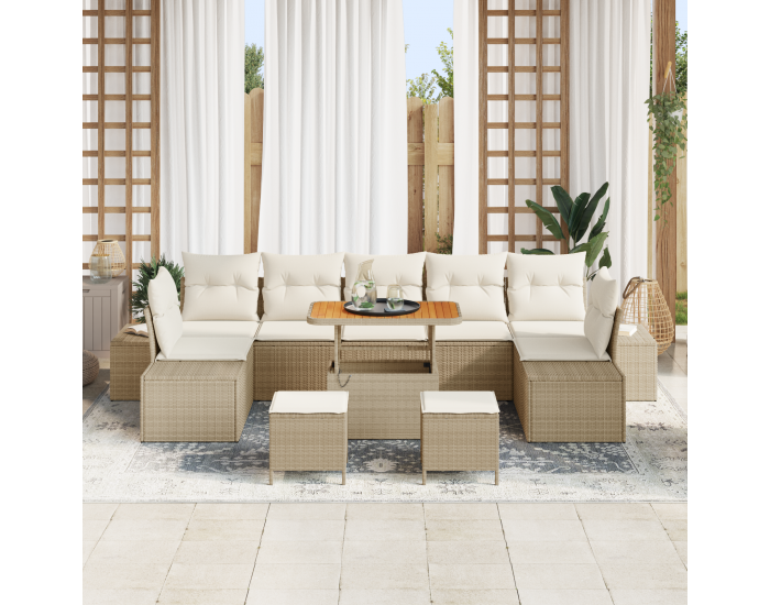 Сет от 10 части за градински диван с възглавници Бежово Полиестерен Ратан Акация