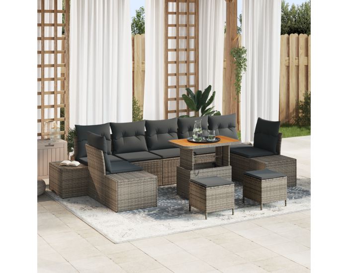 Sonata H 10 Части Градински Диван Комплект с Възглавници Сив Полиратан Акация