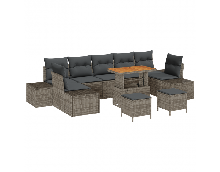 Sonata H 10 Части Градински Диван Комплект с Възглавници Сив Полиратан Акация