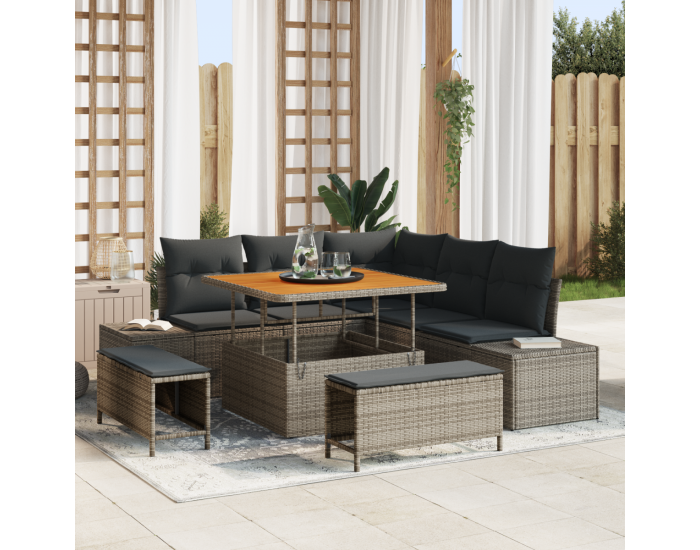 Комплект от 8 части градински диван с възглавници сив поли ратан акация