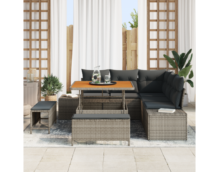 Комплект от 8 части градински диван с възглавници сив поли ратан акация