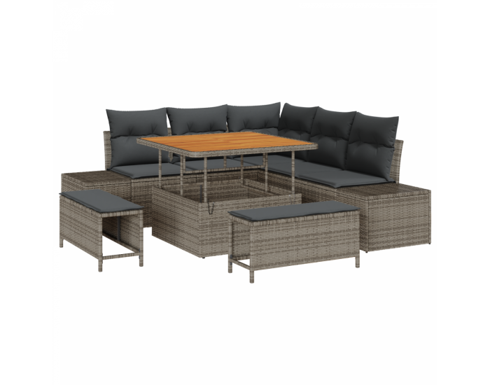Комплект от 8 части градински диван с възглавници сив поли ратан акация