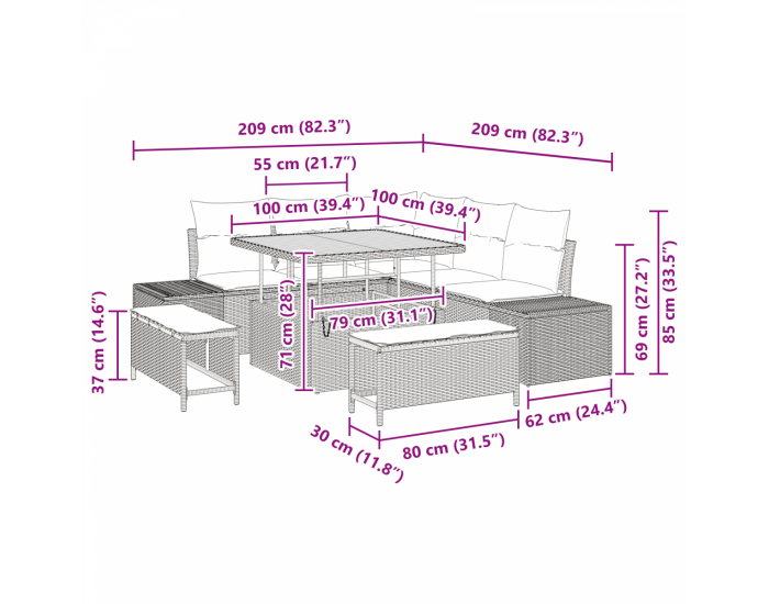 Комплект от 8 части градински диван с възглавници сив поли ратан акация