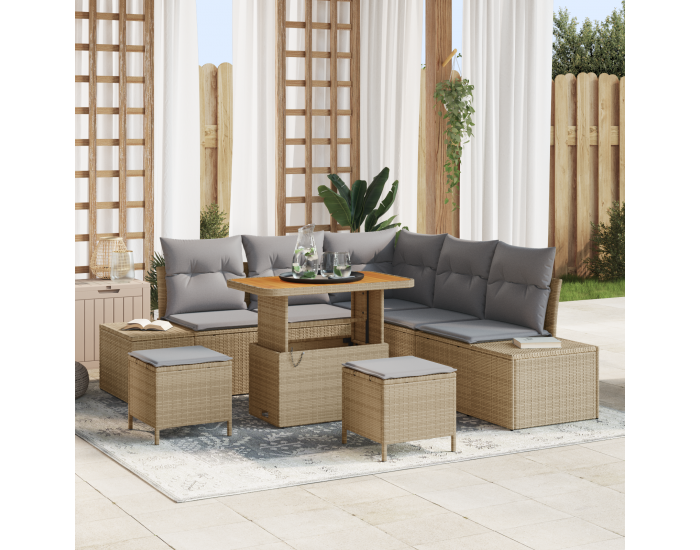 8-Частен Комплект Градински Диван с Възглавници Бежов Полиратан Акация