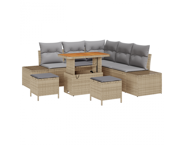8-Частен Комплект Градински Диван с Възглавници Бежов Полиратан Акация