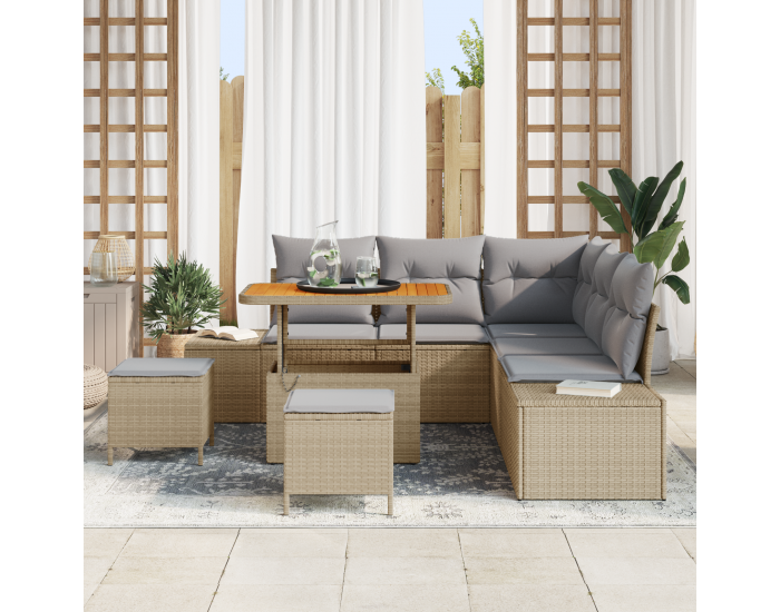 8-Частен Комплект Градински Диван с Възглавници Бежов Полиратан Акация