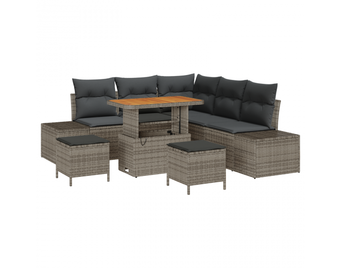 8-частов комплект градински диван с възглавници сив полиратан акация