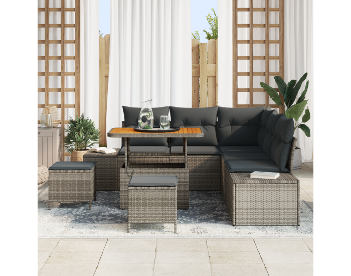 8-частов комплект градински диван с възглавници сив полиратан акация