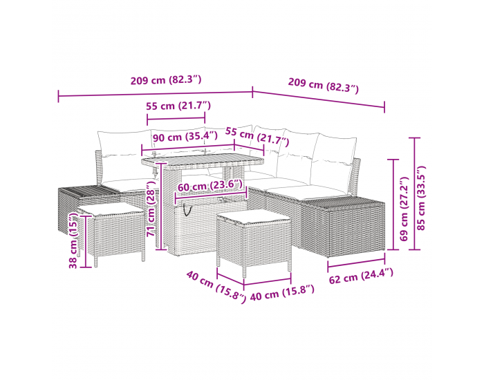 8-частов комплект градински диван с възглавници сив полиратан акация