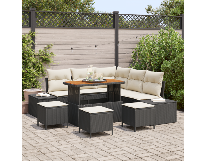 9-частен градински диван комплект с възглавници Черен полиратан Акация