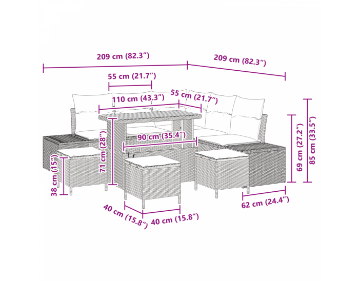 9-частен градински диван комплект с възглавници Черен полиратан Акация