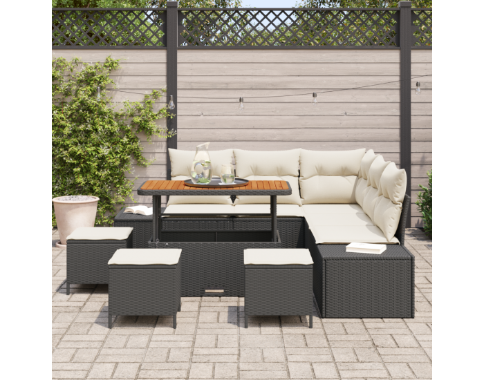 9-частен градински диван комплект с възглавници Черен полиратан Акация