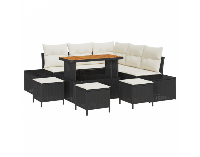 9-частен градински диван комплект с възглавници Черен полиратан Акация