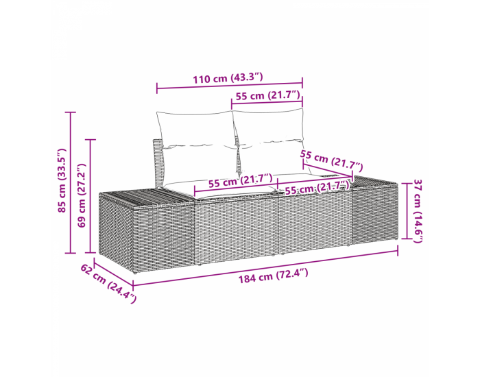 9-частен градински диван комплект с възглавници Черен полиратан Акация