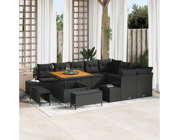 Sonata H 12 Часов Градински Диван Комплект с Възглавници Черен Полиратаан Акация