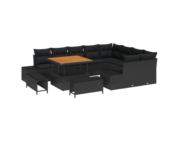 Sonata H 12 Часов Градински Диван Комплект с Възглавници Черен Полиратаан Акация