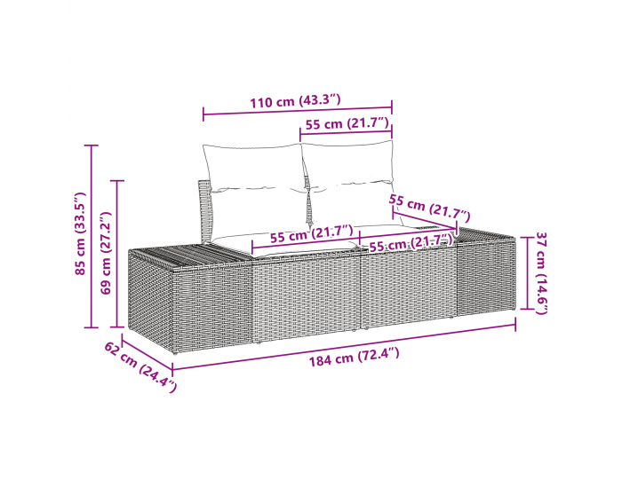 Sonata H 12 Часов Градински Диван Комплект с Възглавници Черен Полиратаан Акация