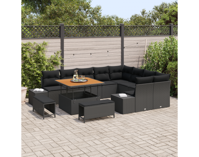 Sonata H 12 Часов Градински Диван Комплект с Възглавници Черен Полиратаан Акация