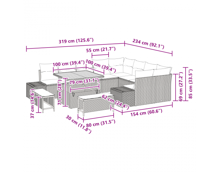 Sonata H 12 Часов комплект дивани за градина с възглавници Бежов Полиротан Акация