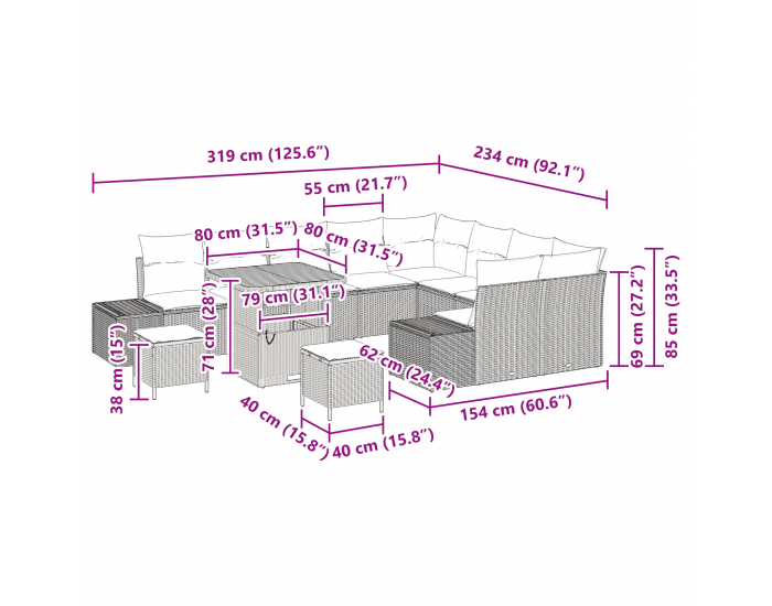 Sonata H 12-частен градински комплект дивани с възглавници сив полиратан