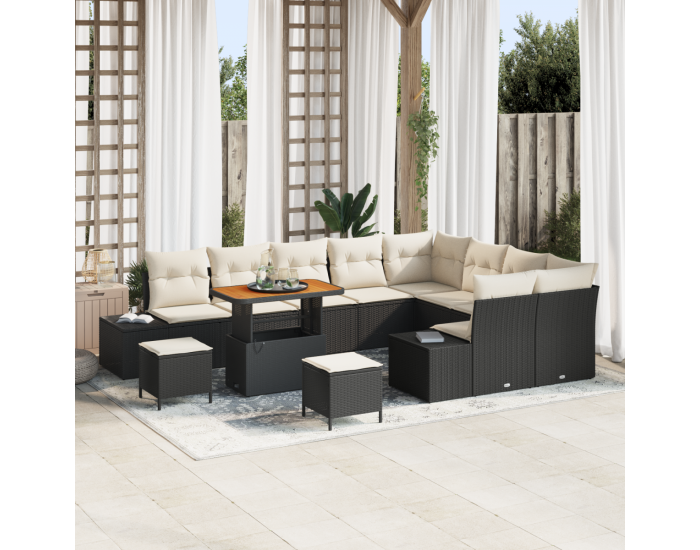 Комплект градински дивани от 12 части с възглавници Черен Поли ратан Акация