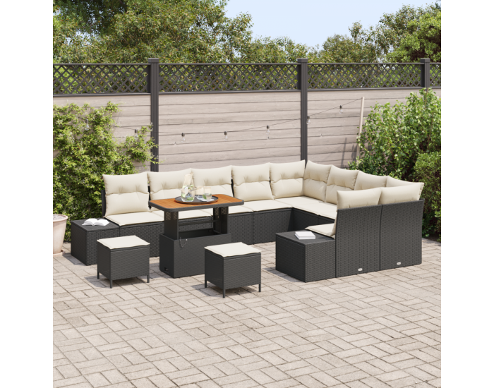 Комплект градински дивани от 12 части с възглавници Черен Поли ратан Акация