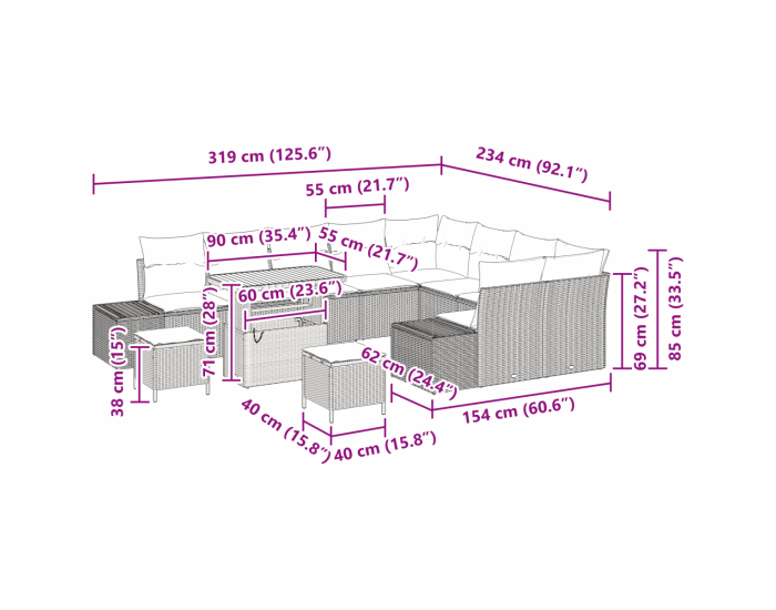 Комплект градински дивани от 12 части с възглавници Черен Поли ратан Акация