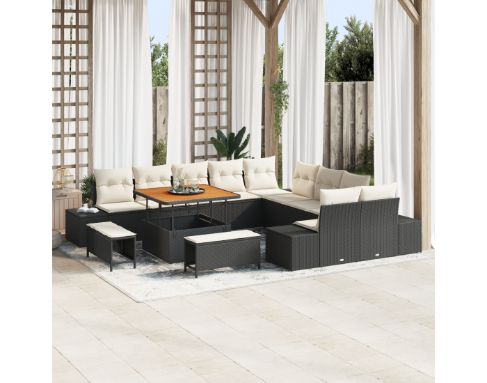 13-частен градински диван комплект с възглавници Черен Полираатан Акация