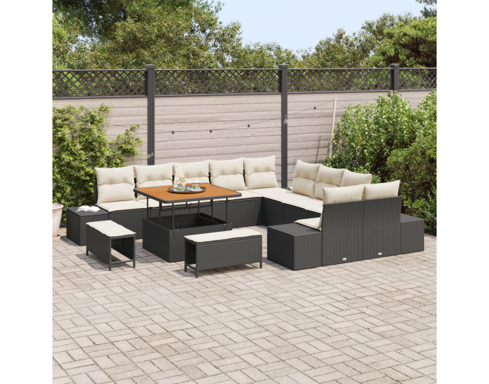 13-частен градински диван комплект с възглавници Черен Полираатан Акация