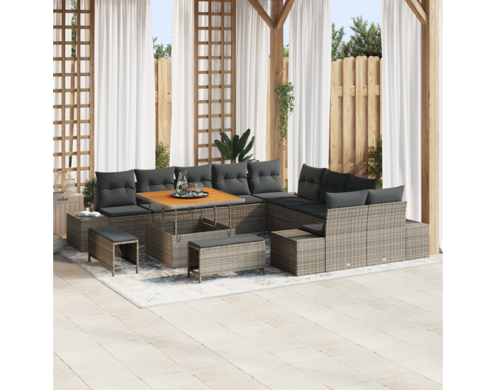 Комплект градински канапета с 13 части и възглавници сив полирано ратан акасая