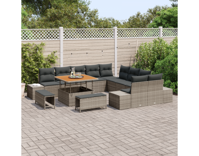 Комплект градински канапета с 13 части и възглавници сив полирано ратан акасая