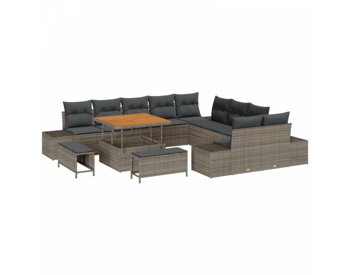 Комплект градински канапета с 13 части и възглавници сив полирано ратан акасая