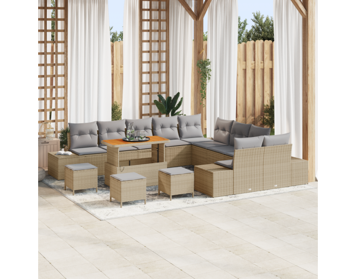 Комплект градински диван Sonata H от 14 части с възглавници Бежов Полиратан Акация